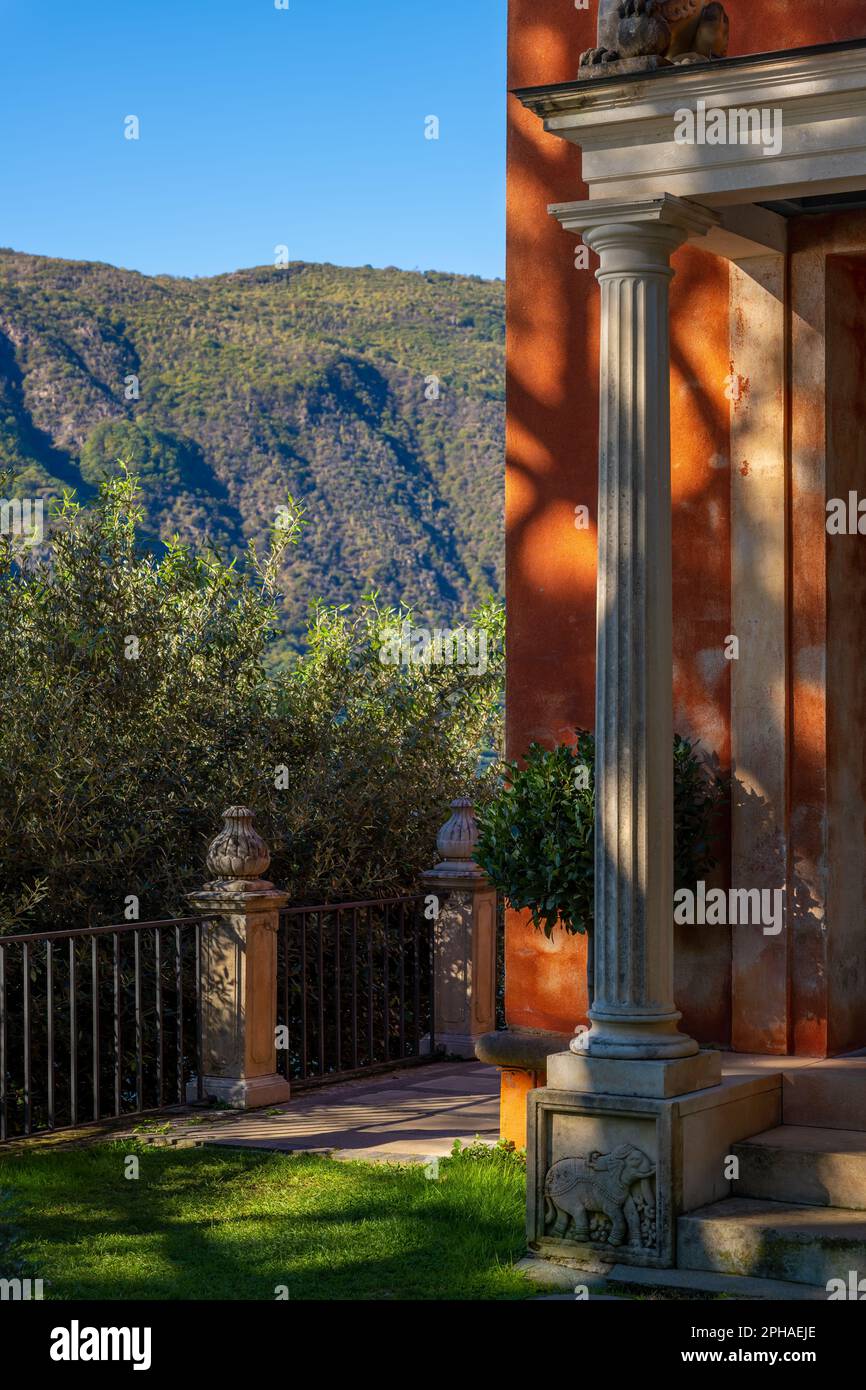 Indian House Corner and Patio with Mountain and Sunlight in Park Scherrer in Morcote, Ticino