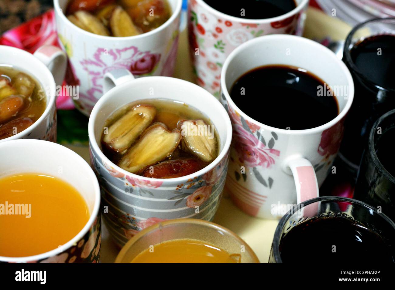 Juices, drinks and compotes tray on the iftar table in Ramadan month