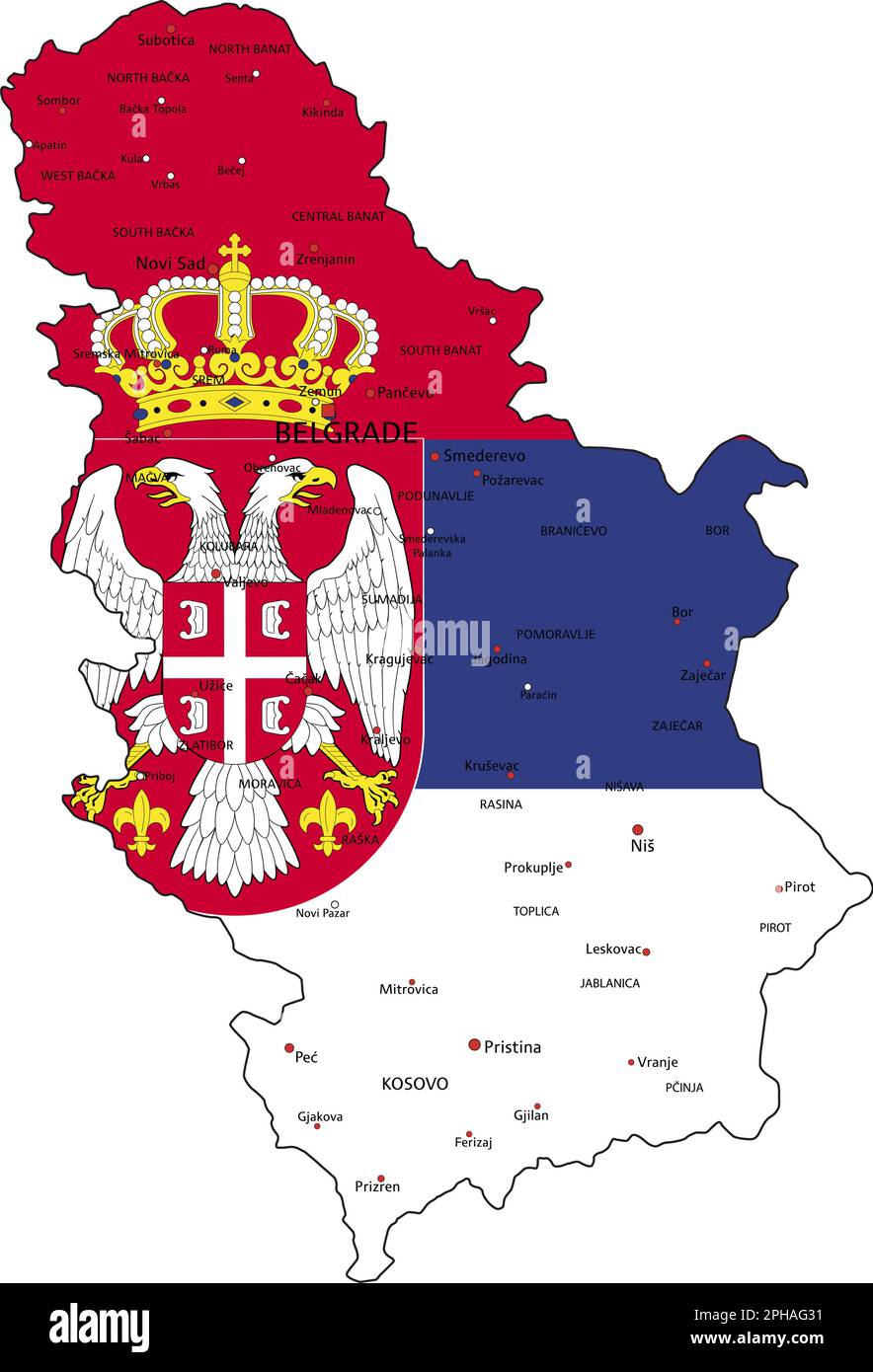 Serbia highly detailed political map with national flag isolated on white background. Stock Vector