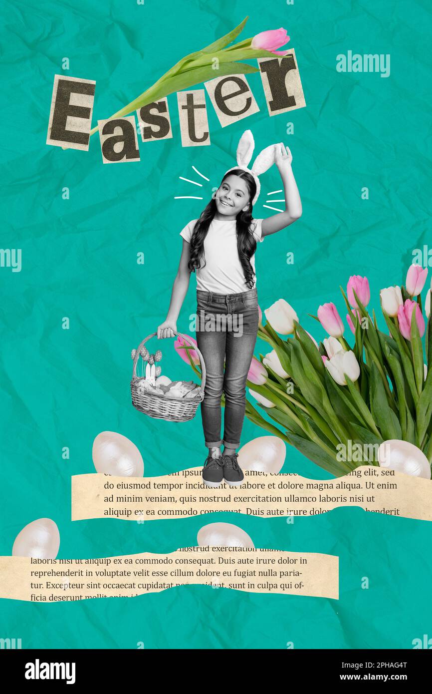 Vertical photo collage of adorable small little girl celebrating spring Easter wear hare bunny ears big tulip bouquet hold feast treat basket Stock Photo