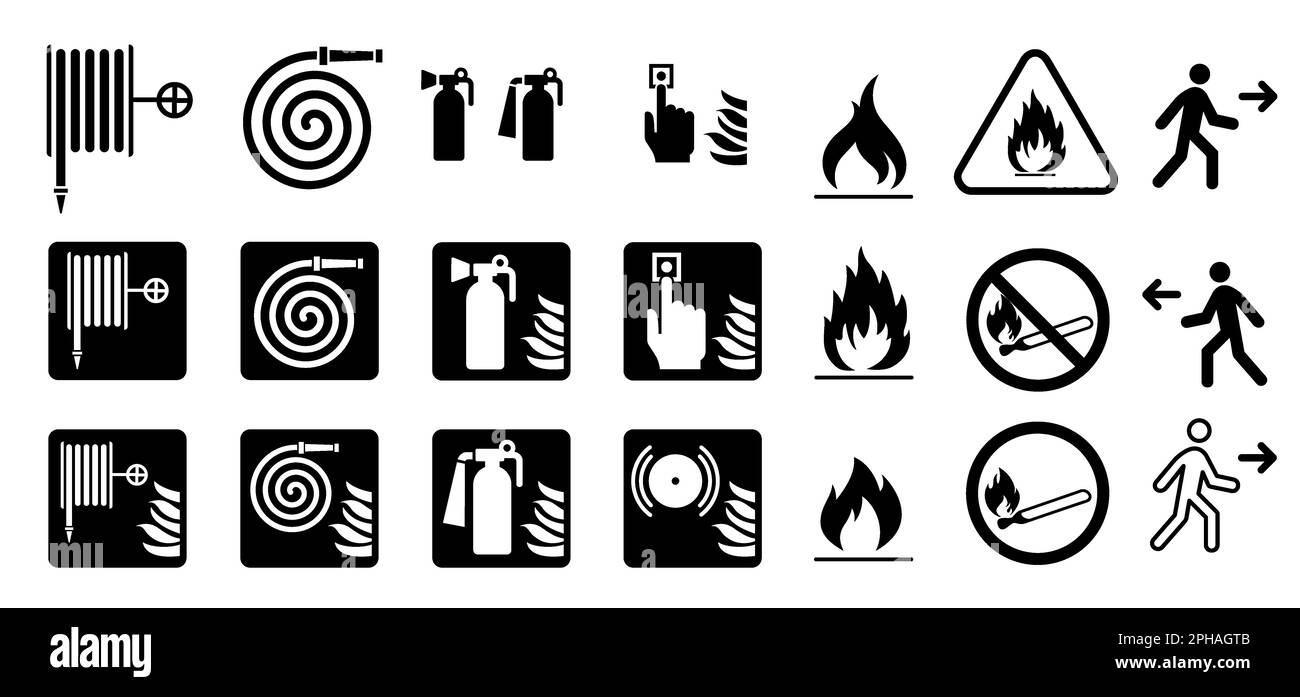 Fire blanket. Warning fire. Dangerous flame alarm. Sprinkler signal. Help firefighter icon. Alert hose ring alarm switch bell pictogram. Cartoon vecto Stock Photo
