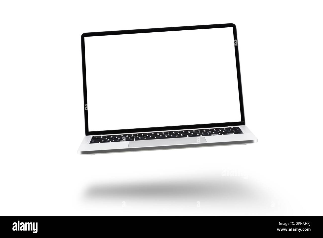 Laptop with white screen floating on white background. Stock Photo