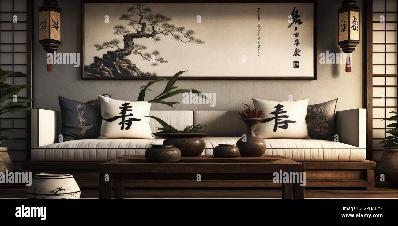 Asian inspired modern living room interior. superlative generative AI
