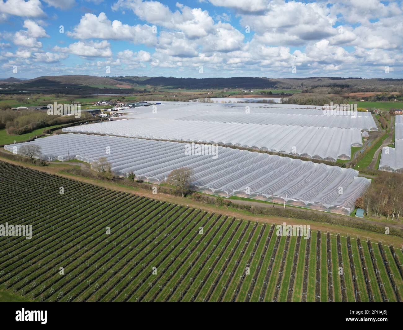 Aerial view of Marden Herefordshire UK showing large soft fruit