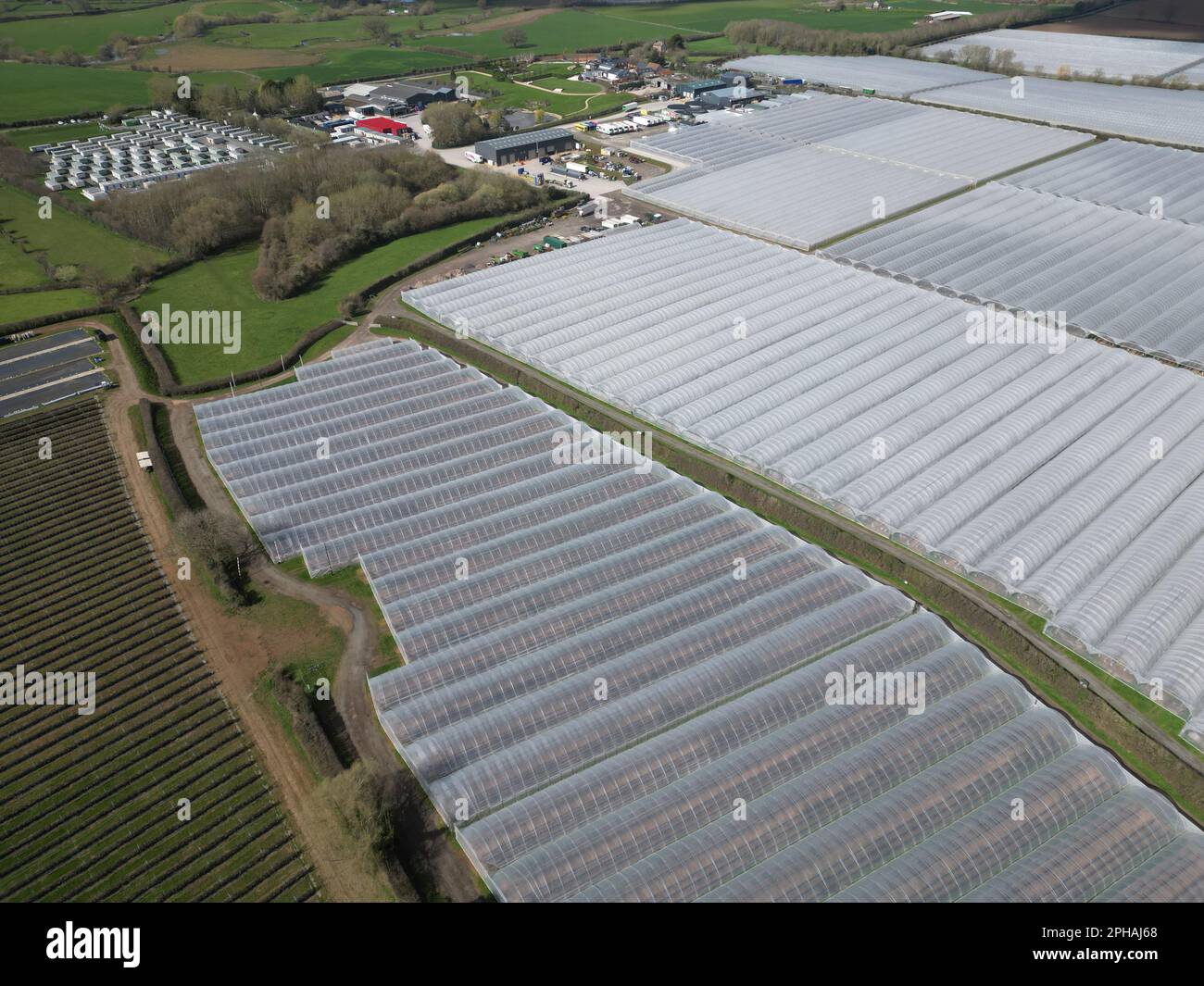 Aerial view of Marden Herefordshire UK showing large soft fruit