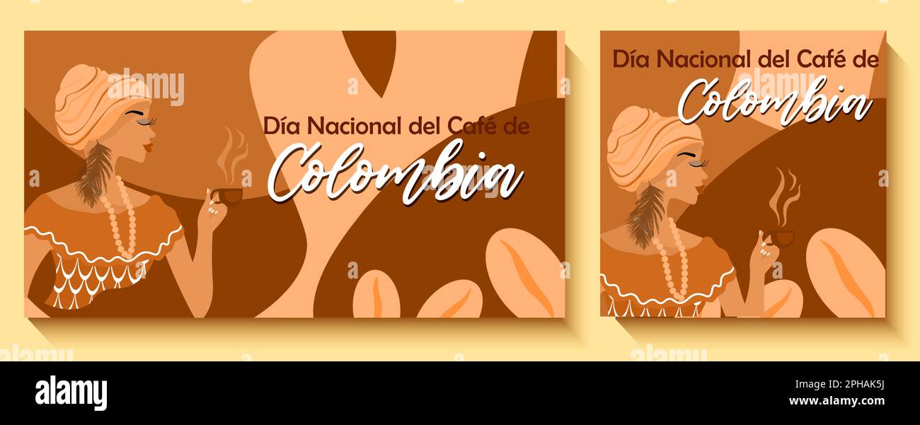 National Coffee Day in Colombia banner. Afro-Colombian woman holding a cup of coffee in her hand. National Colombian clothes. Inscription in Spanish Stock Vector