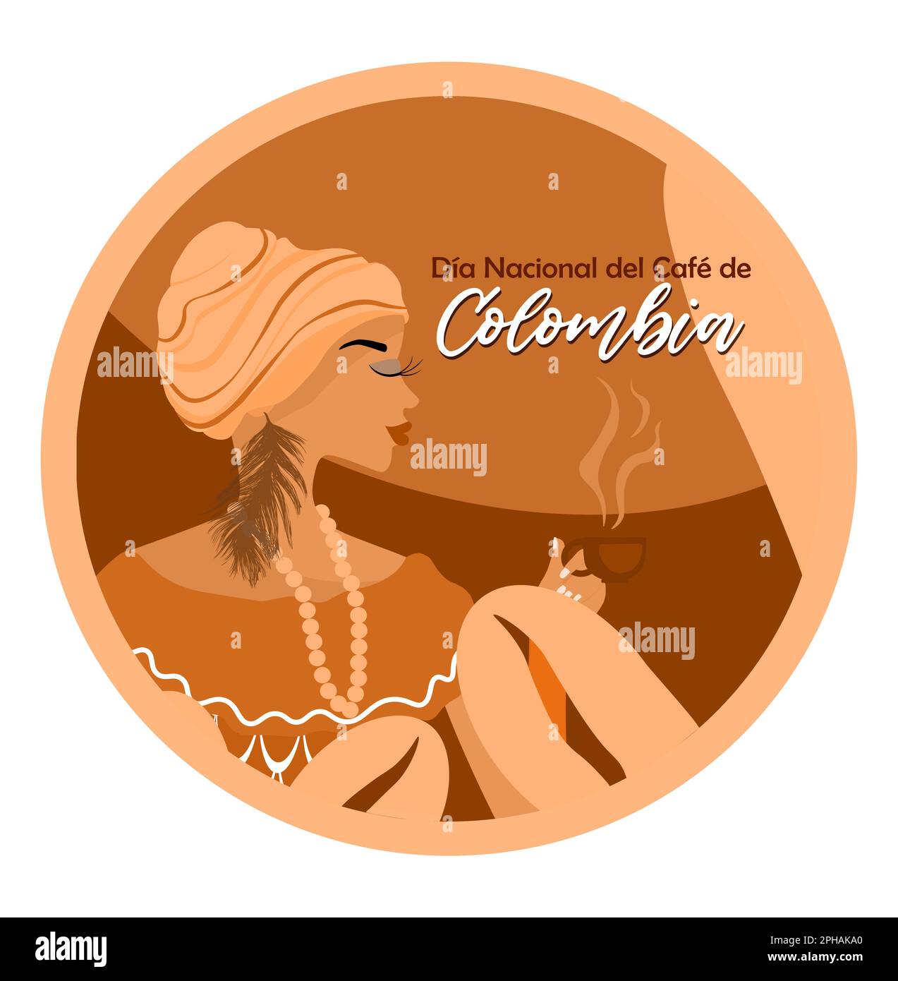 National Coffee Day in Colombia banner. Afro-Colombian woman holding a cup of coffee in her hand. National Colombian clothes. Inscription in Spanish Stock Vector
