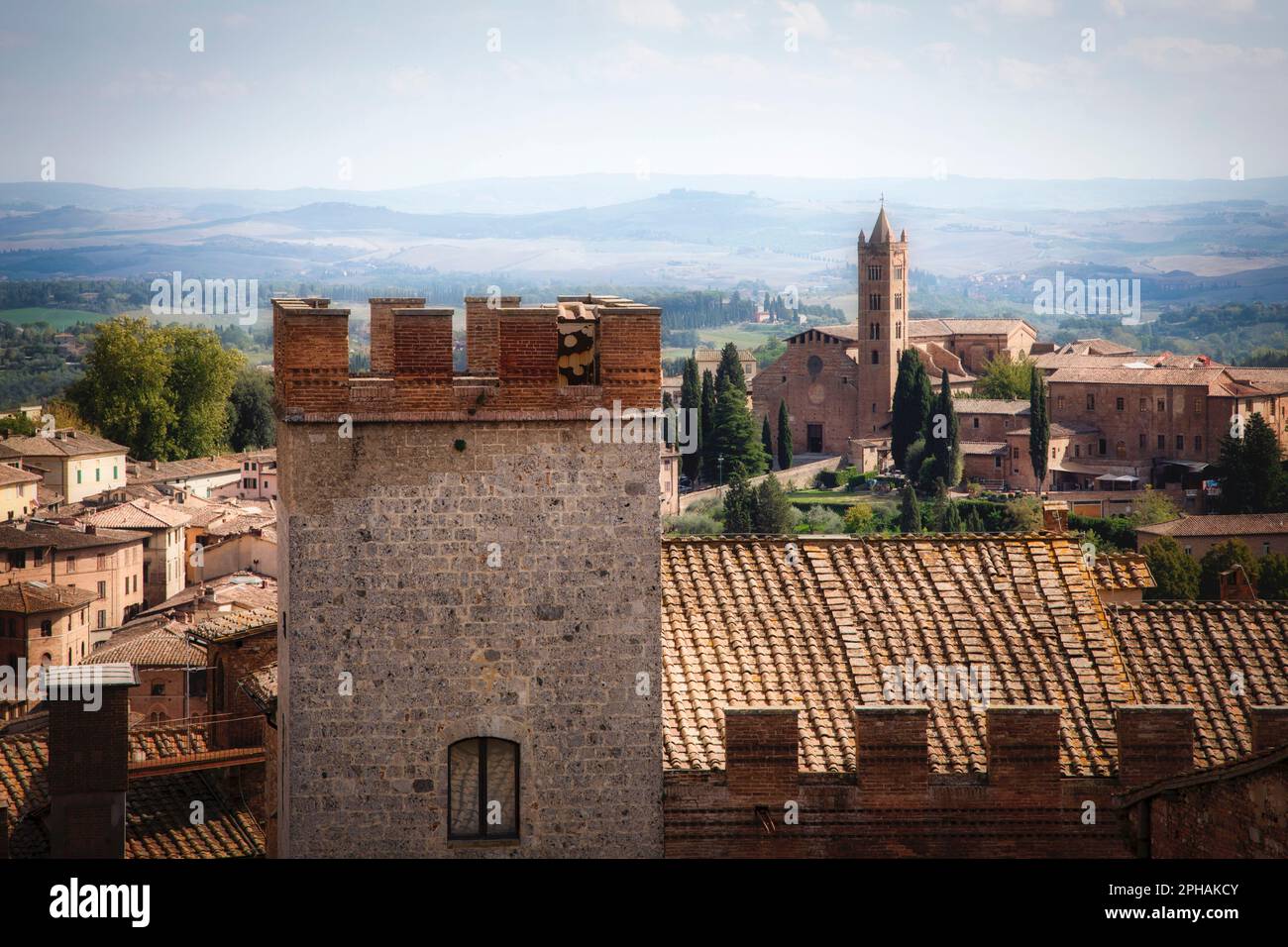 The skyline of Siena, Italy and beyond. Stock Photo