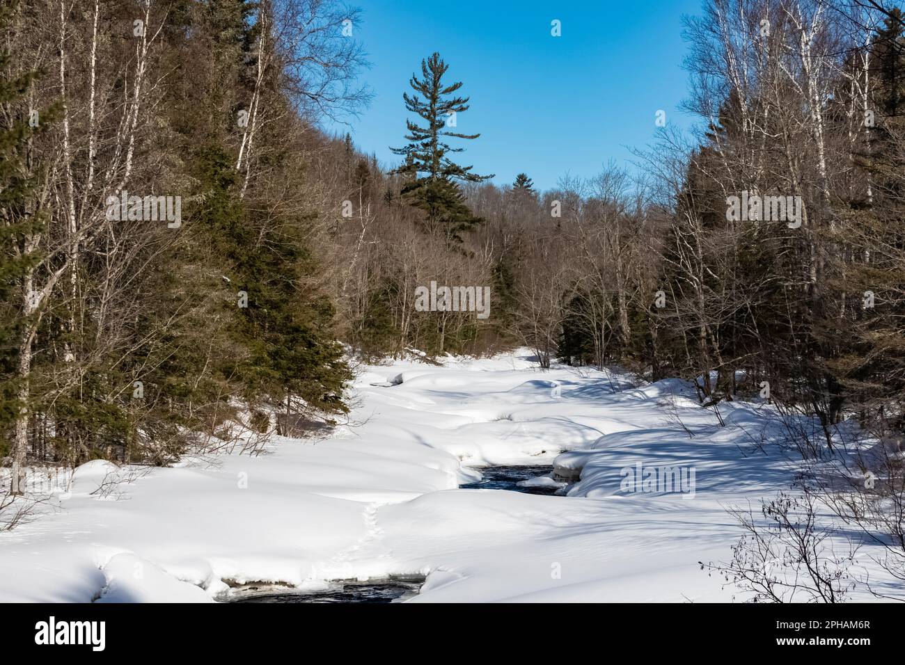 Peshekee River, mostly frozen over, Upper Peninsula, Michigan, USA Stock Photo