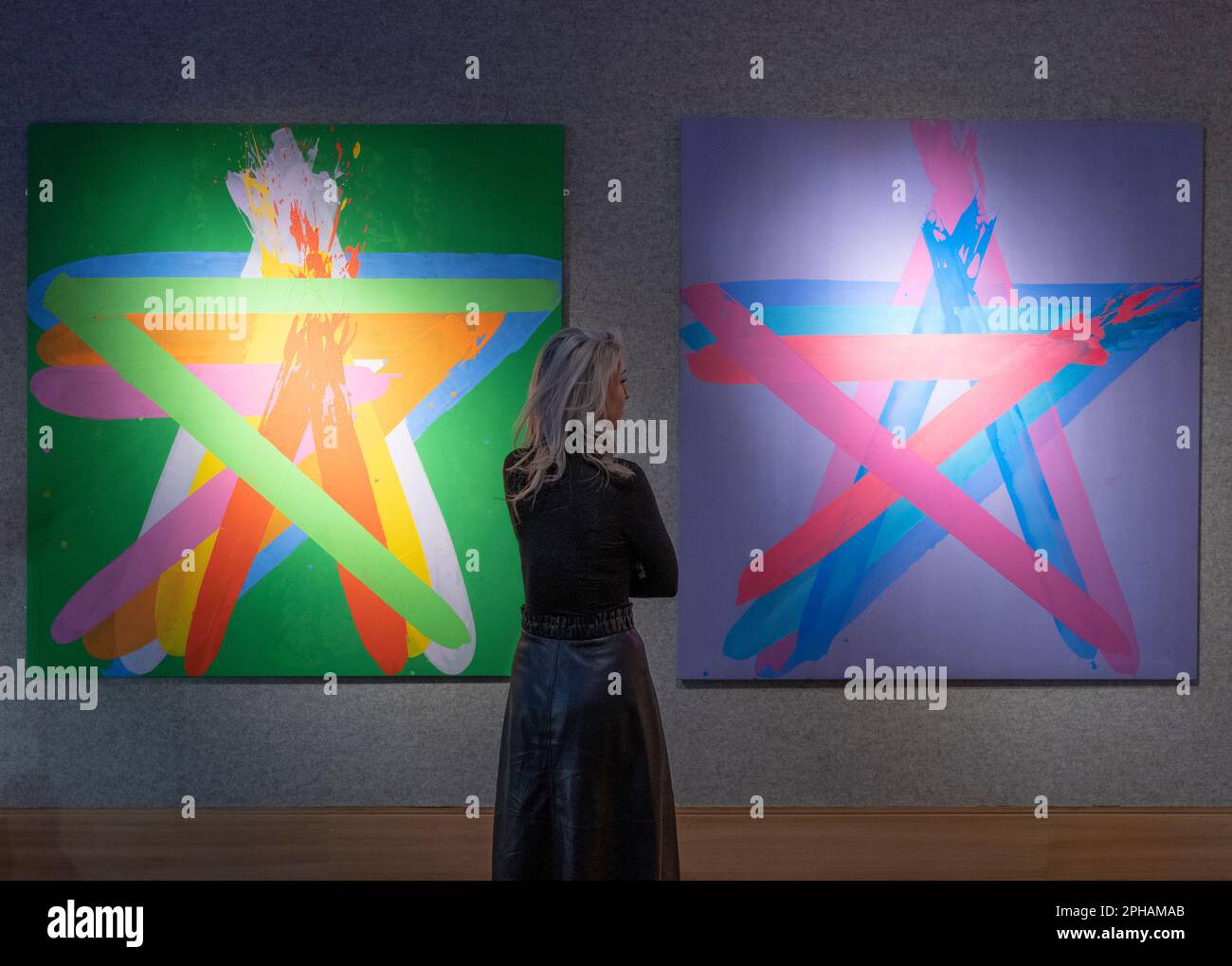 Bonhams, London, UK. 27th Mar, 2023. The British. Cool. sale takes place at Bonhams on 29 March. Highlights include: Works by John Copnall, Star III Green & Star XVIII, each £1,000-1,500. Credit: Malcolm Park/Alamy Live News Stock Photo