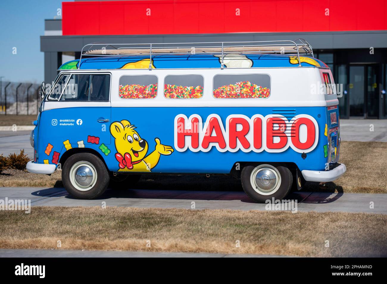 Pleasant Prairie, WI - 19 March 2023:  A Haribo vehicle for a North American manufacturing facility of Haribos sweet gummi treats candy. Stock Photo