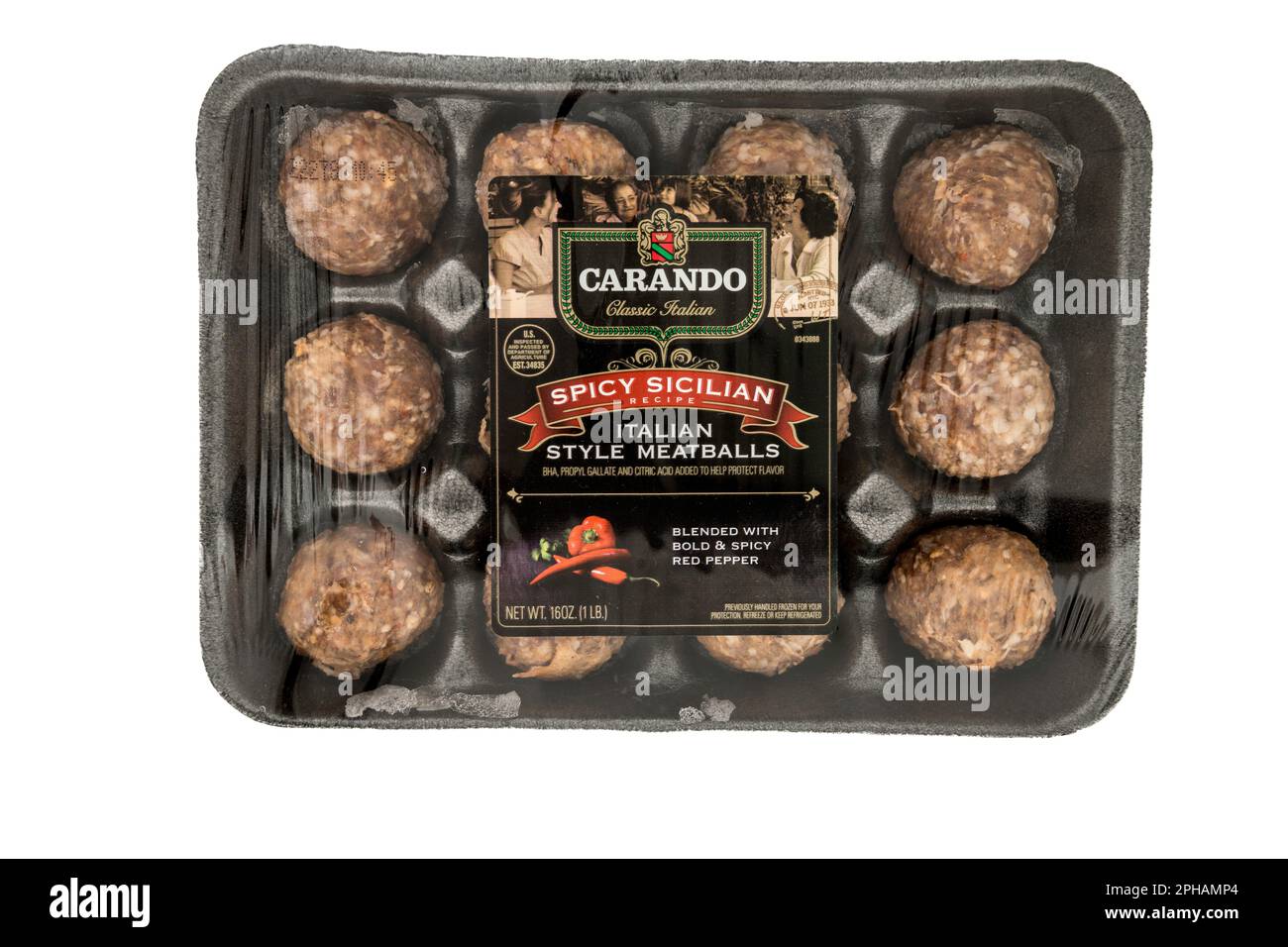 Winneconne, WI - 19 March 2023: A package of Carando spicy sicilian Italian style meatballs on an isolated background. Stock Photo