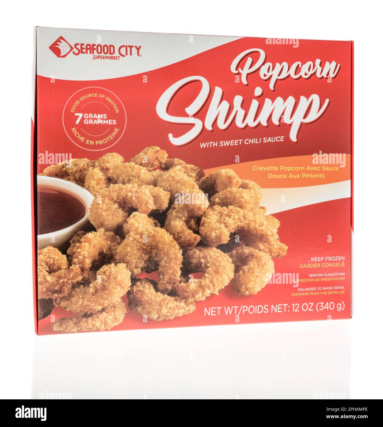 Winneconne, WI - 19 March 2023: A package of Seafood City  supermarket popcorn shrimp on an isolated background. Stock Photo
