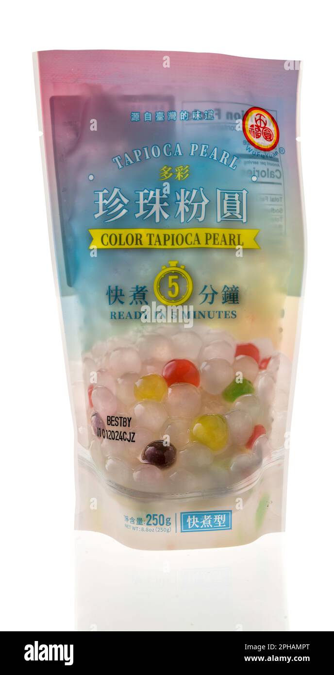 Winneconne, WI - 19 March 2023: A package of WuFuYuan color tapioca pearl food  on an isolated background. Stock Photo