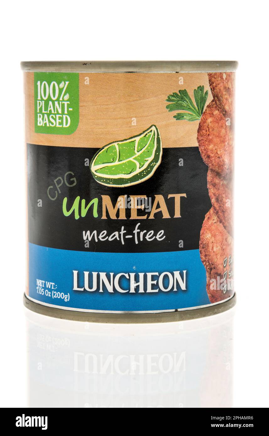 Winneconne, WI - 19 March 2023: A package of Unmeat plant based meat luncheon on an isolated background. Stock Photo