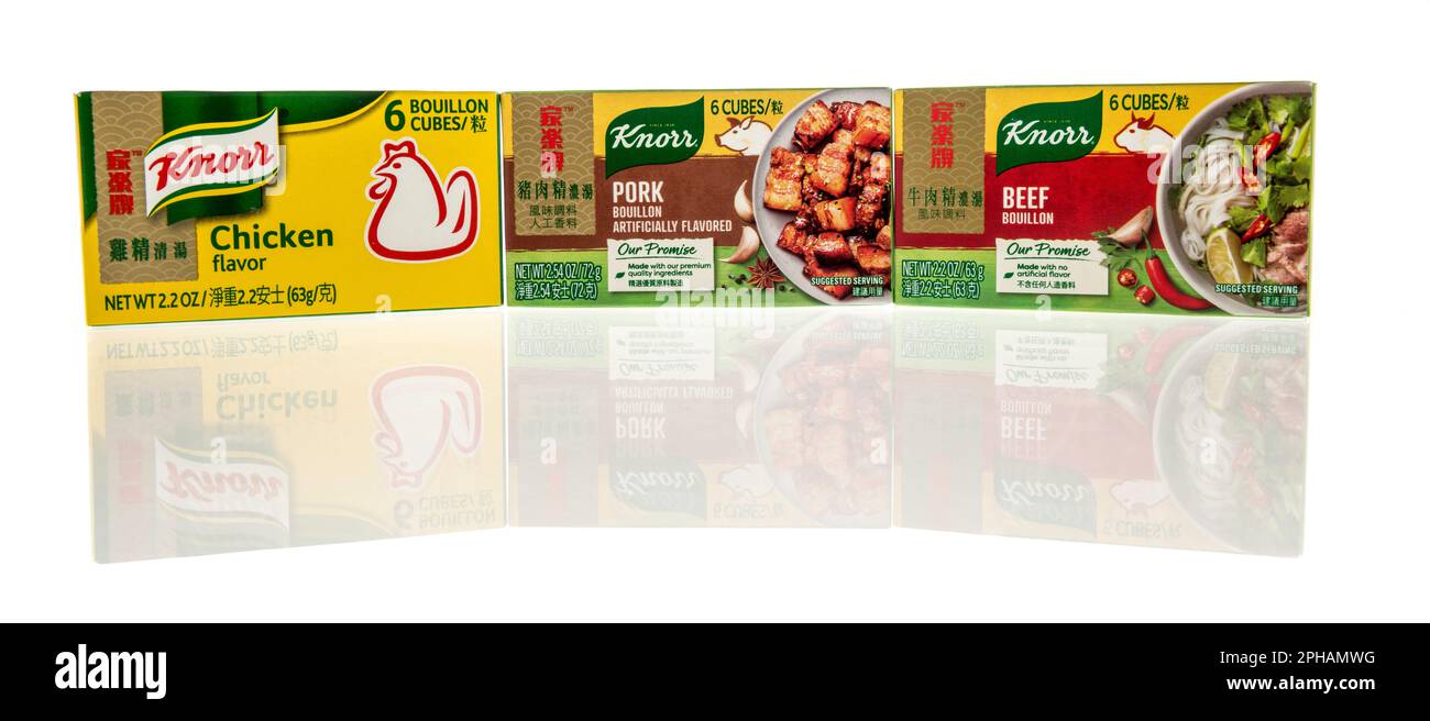 Winneconne, WI - 19 March 2023: A package of Knorr bouillon cubes in chicken, pork, and beef flavor on an isolated background. Stock Photo