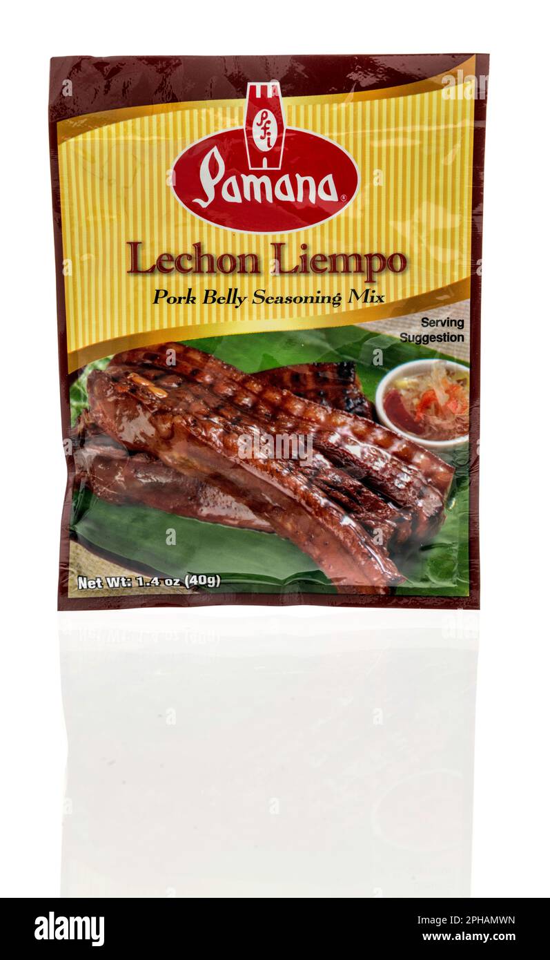 Winneconne, WI - 19 March 2023: A package of pamana Lechon liempo pork belly seasoning mix on an isolated background. Stock Photo