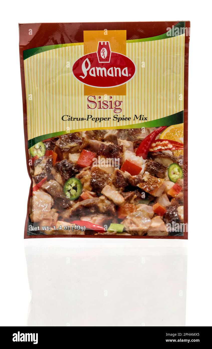 Winneconne, WI - 19 March 2023: A package of Pamana sisig spice mix on an isolated background. Stock Photo