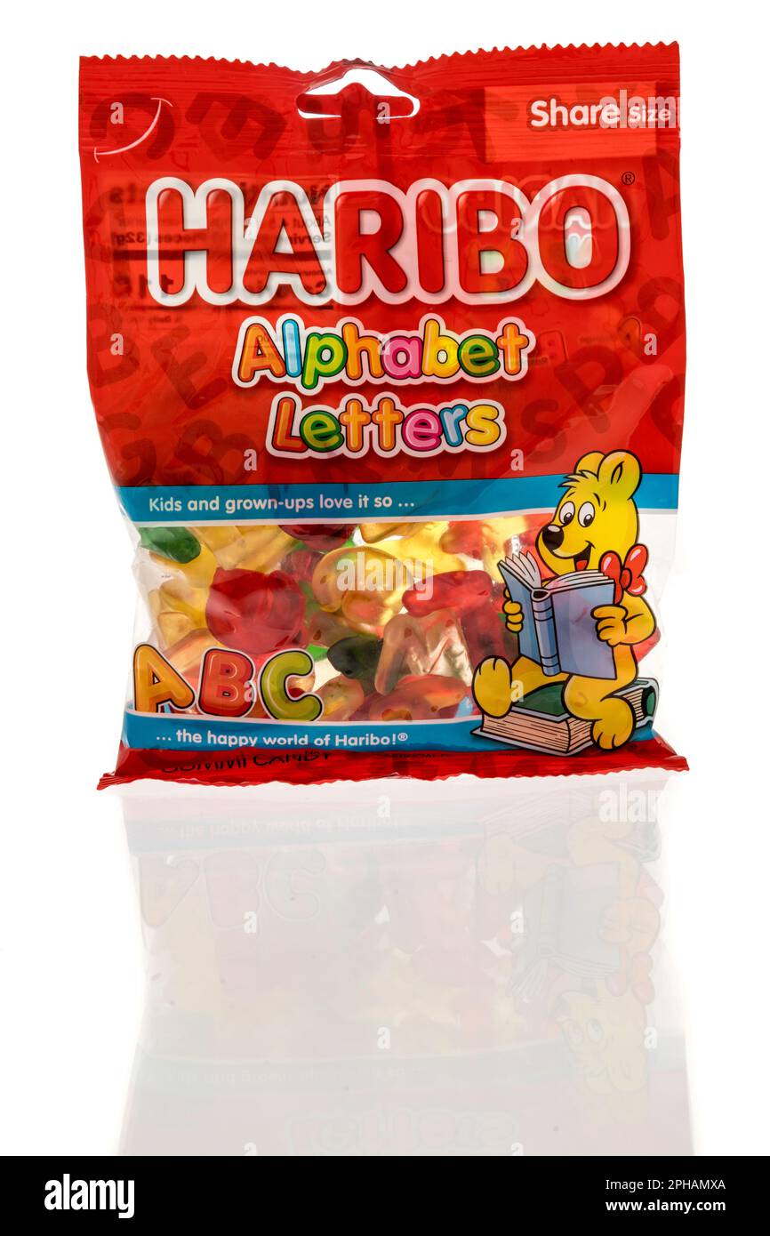 Winneconne, WI - 19 March 2023: A package of Haribo alphabet letter candy on an isolated background. Stock Photo