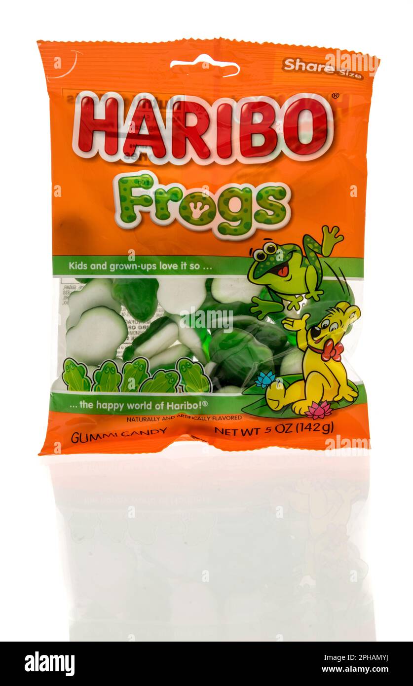 Winneconne, WI - 19 March 2023: A package of Haribo frogs candy on an isolated background. Stock Photo