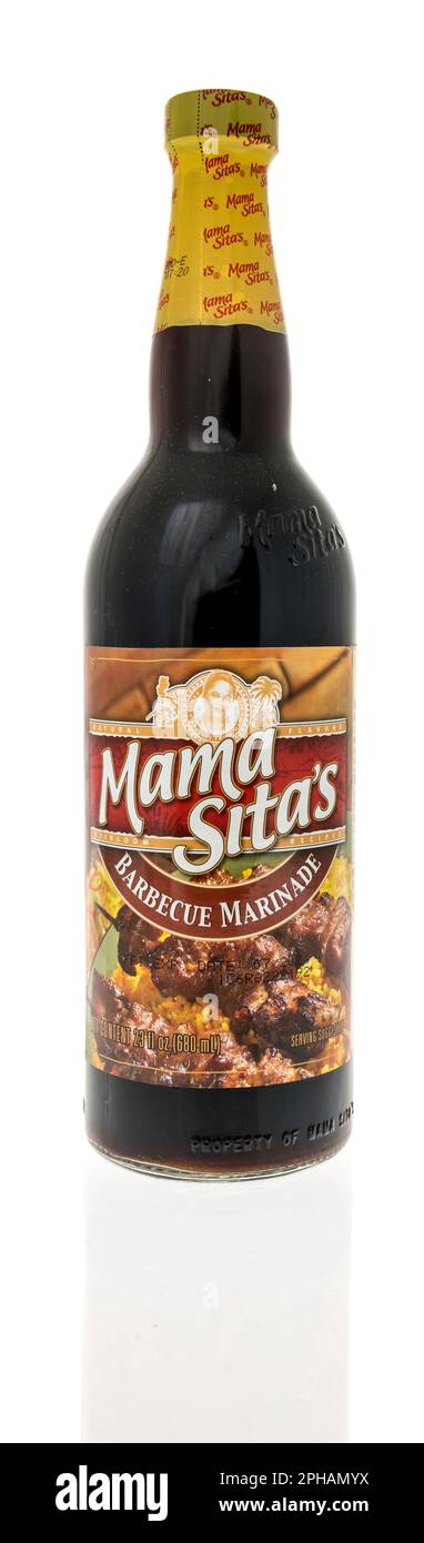 Winneconne, WI - 19 March 2023: A package of Mama Sitas barbecue marinade on an isolated background. Stock Photo