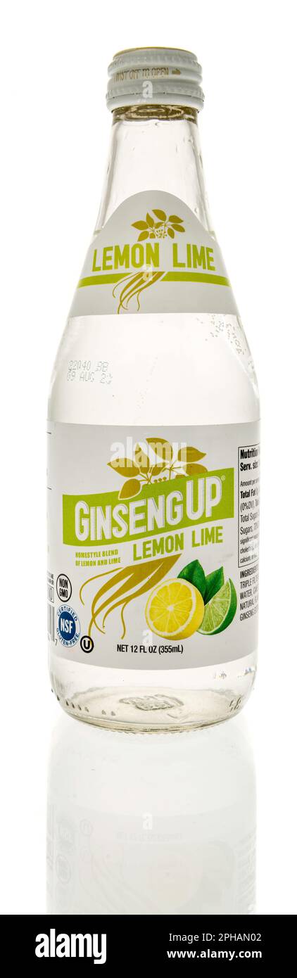 Winneconne, WI - 19 March 2023: A bottle of Ginseng up lemon lime drink on an isolated background. Stock Photo