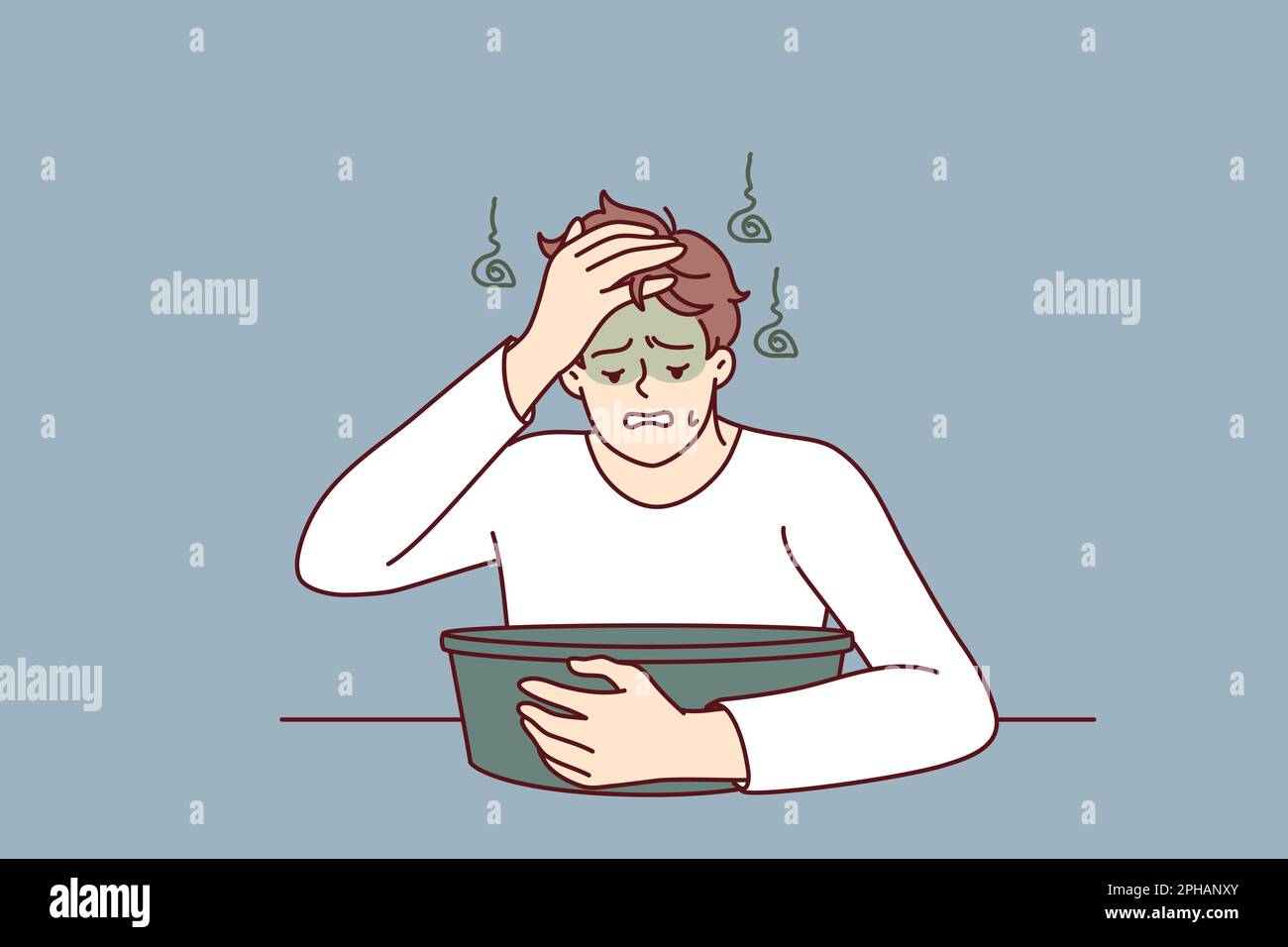 Young man feels nausea sitting near basin experiencing problem after