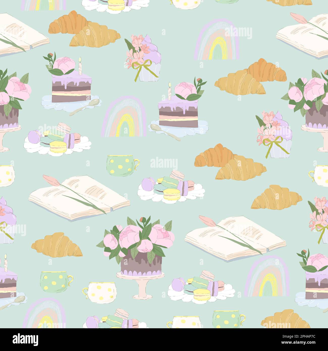 Seamless Pattern with Confection, Macarons and Flowers Stock Vector