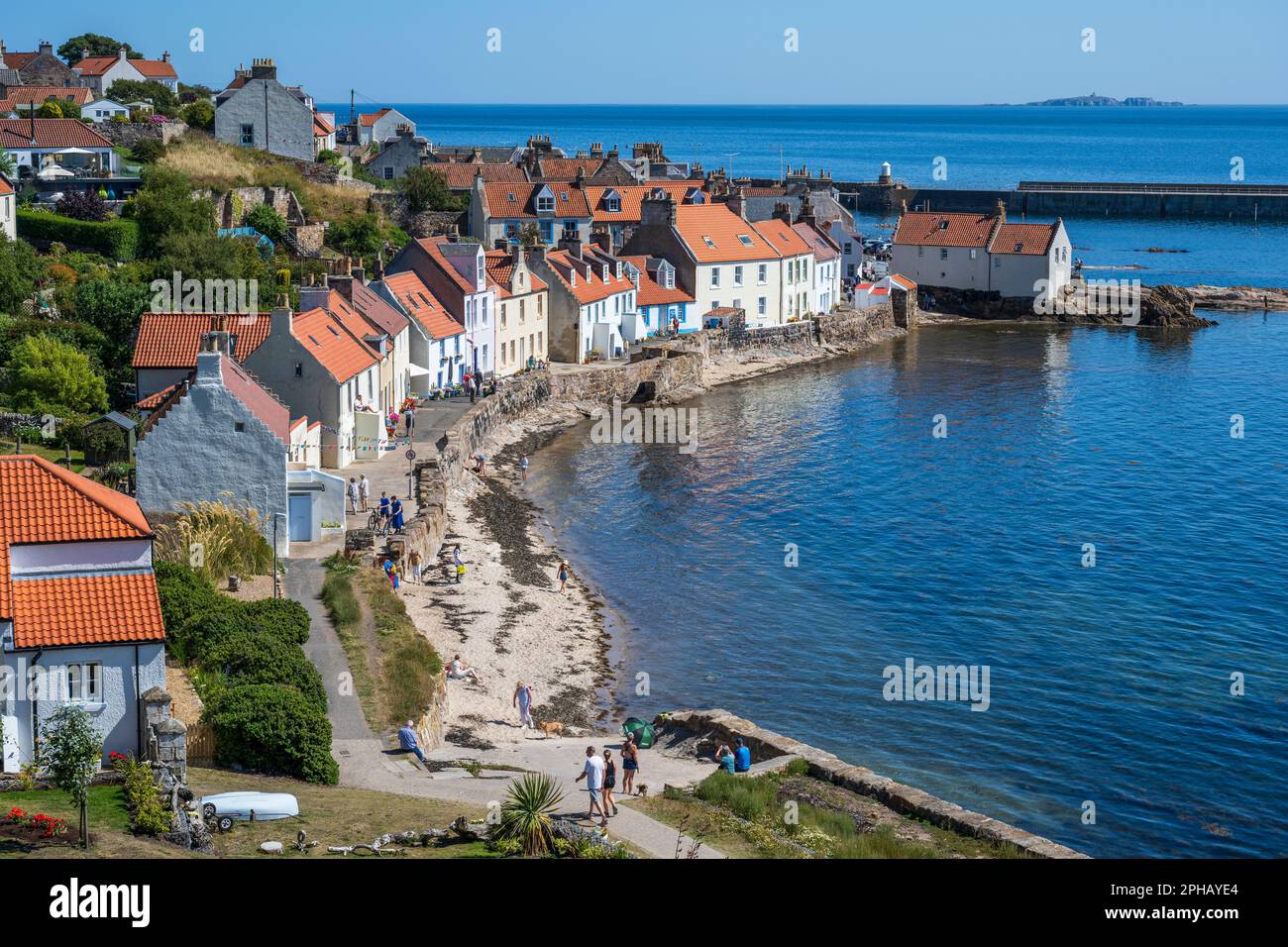 View looking down on the colourful houses on the Fife Coastal Path as