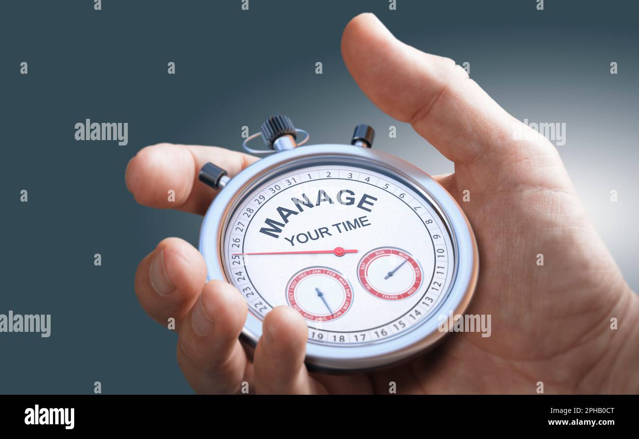 Hand holding a conceptual stopwatch. Time Management, Scheduling and Productivity. Stock Photo