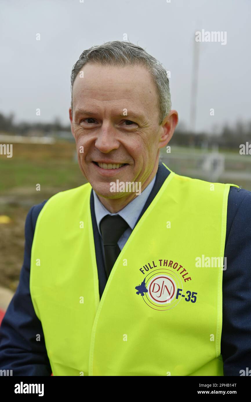 Koen vanheste - Base Commander Kleine-Brogel Air Base pictured during the laying of the foundation stone of the new F-35 complex at Florennes military airbase, Monday 27 March 2023. The Defence Minister will symbolically lay the foundation stone of the future F-35 complex at Florennes air base through a dynamic action. At the same time, the design of this new infrastructure, which meets both the needs of a complex weapon system such as the F-35A and the needs of the personnel, will be unveiled. BELGA PHOTO ERIC LALMAND Stock Photo