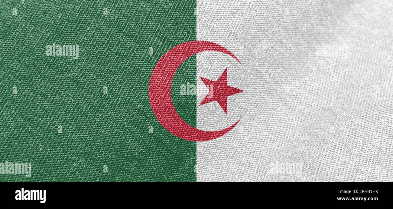 Algeria flag fabric cotton material wide flag wallpaper of Algerian Stock Photo