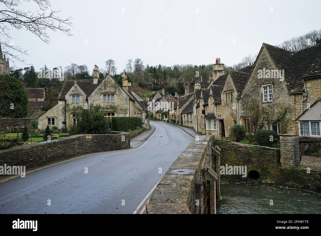 Exterior ancient architecture and European design of 'Castle Combe village' conservation area on the southernmost edge of the Cotswold- England, UK Stock Photo