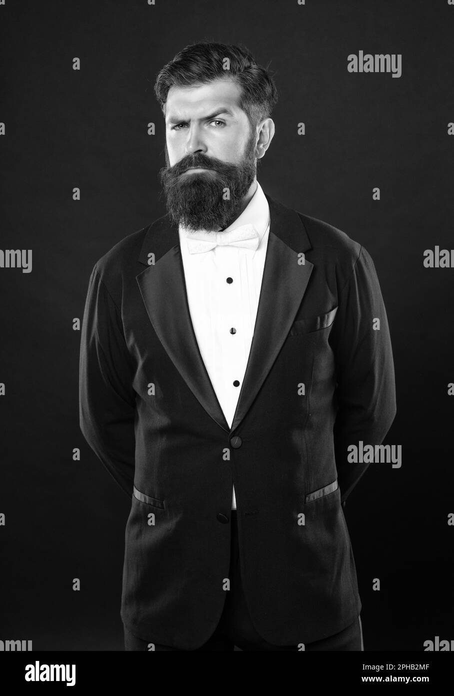 elegant butler in tuxedo on black background, formalwear Stock Photo