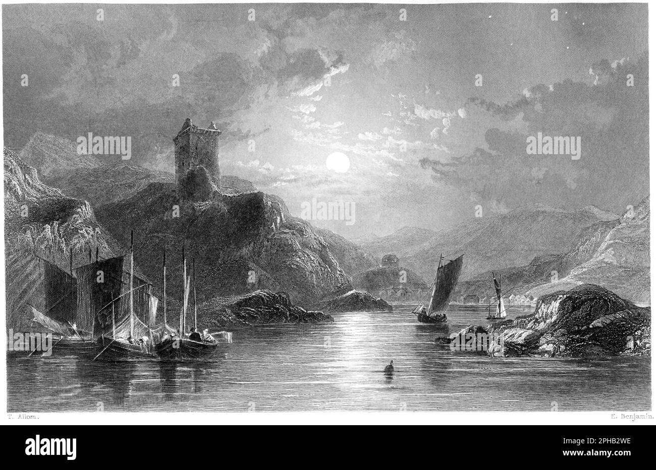 An engraving of Tarbet from Loch Fine (Fyne) looking west, Argyleshire, Scotland UK scanned at high resolution from a book printed in 1840. Stock Photo