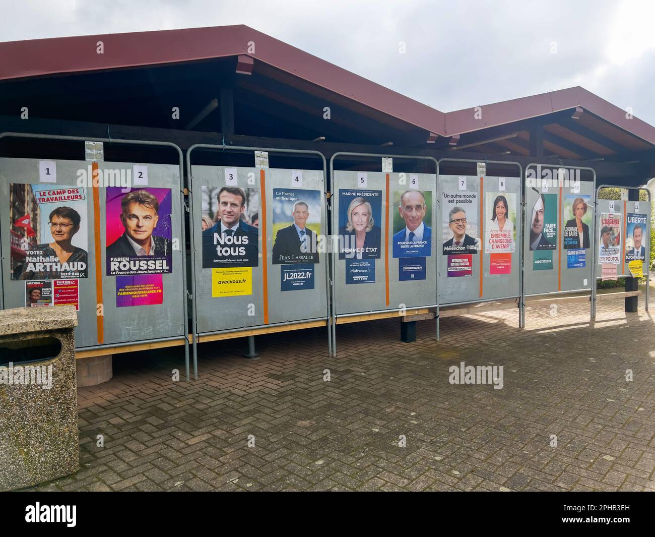 France - Apr 9, 2022: Two famous French politicians, Macron and Le Pen, engaged in a heated presidential election campaign. Portraits of the candidates adorn street posters to encourage citizens to vote for their preferred candidate. Stock Photo