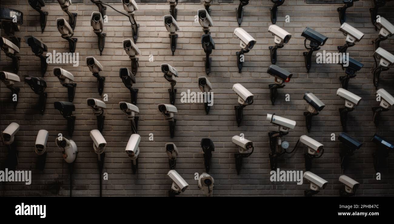 Lots of cctv security cameras monitoring a city. Generative ai Stock Photo