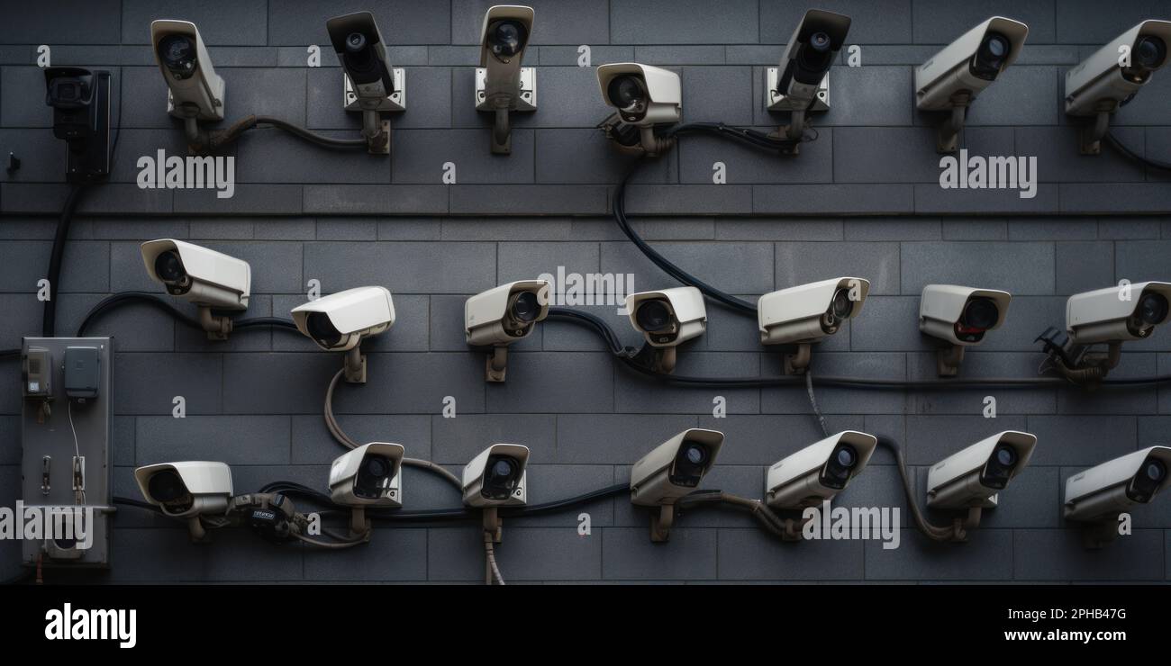 Lots of cctv security cameras monitoring a city. Generative ai Stock Photo