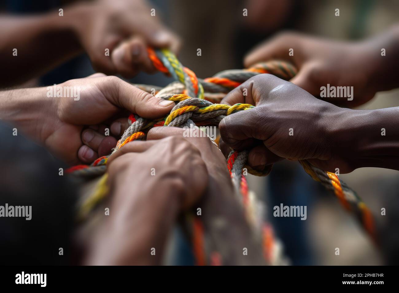 Many peoples hands working together to untangle a knotted rope. Business teamwork. Generative ai Stock Photo