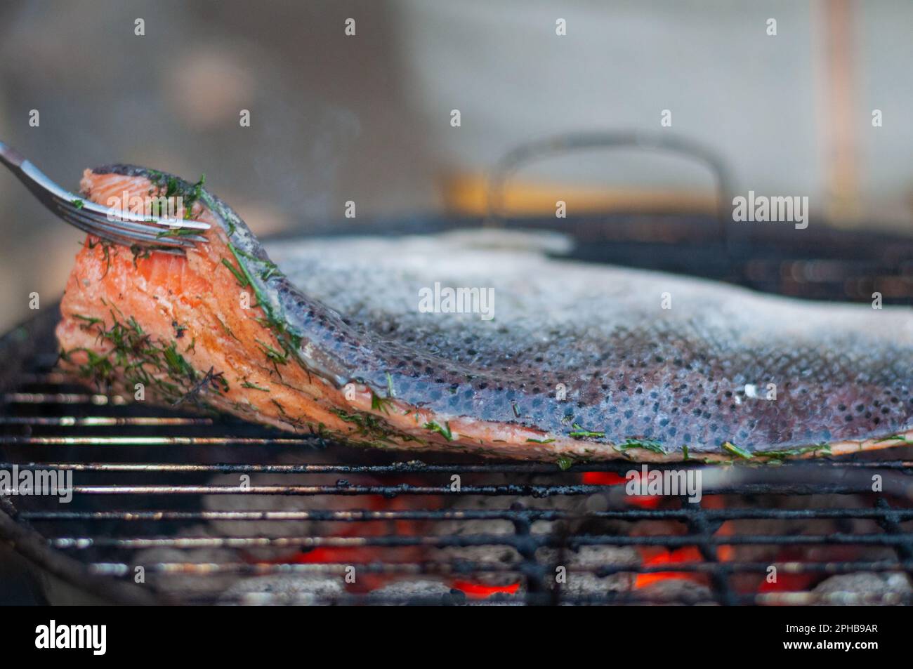 Salmon on a charcoal grill (fish, grilled, barbecue). The art of grilling fish on charcoal. Stock Photo