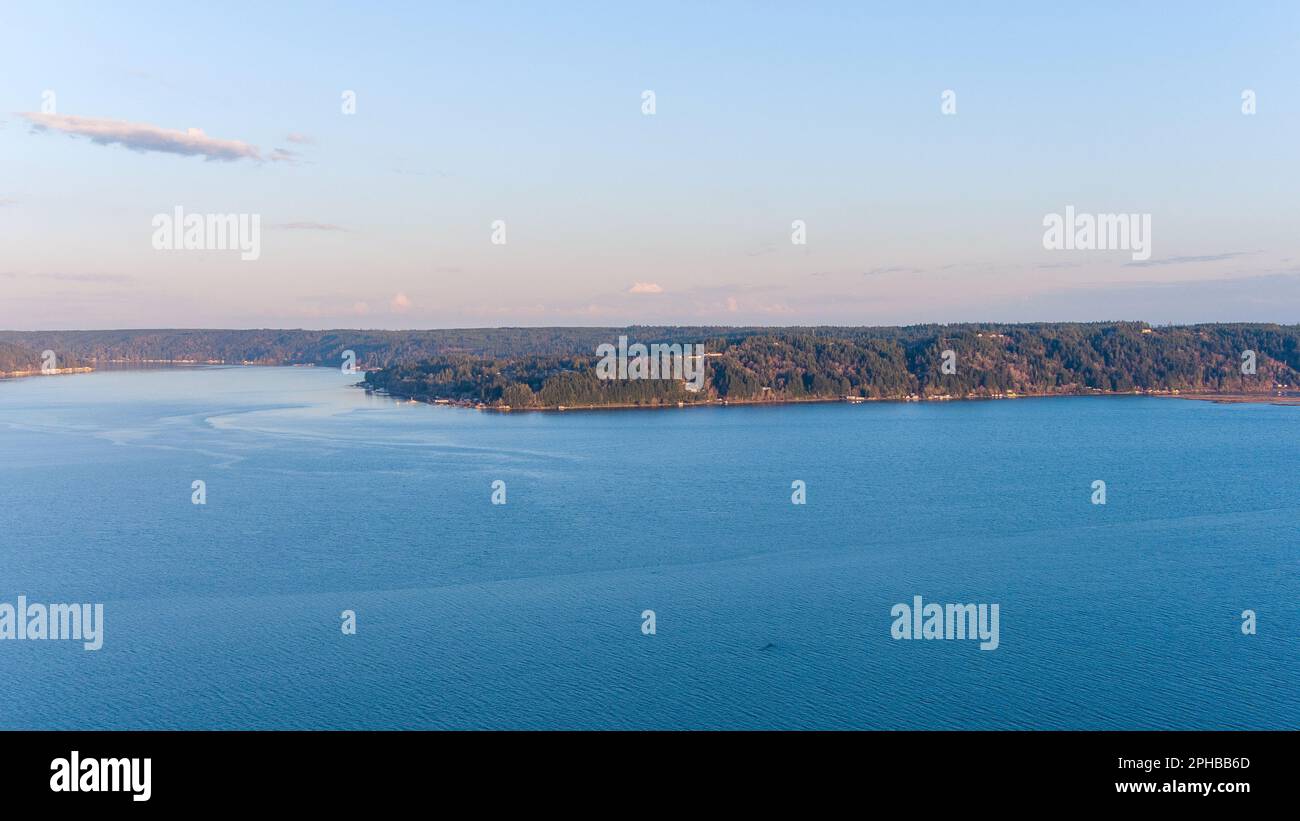 Aerial view of Annas Bay in Washington State at sunset Stock Photo