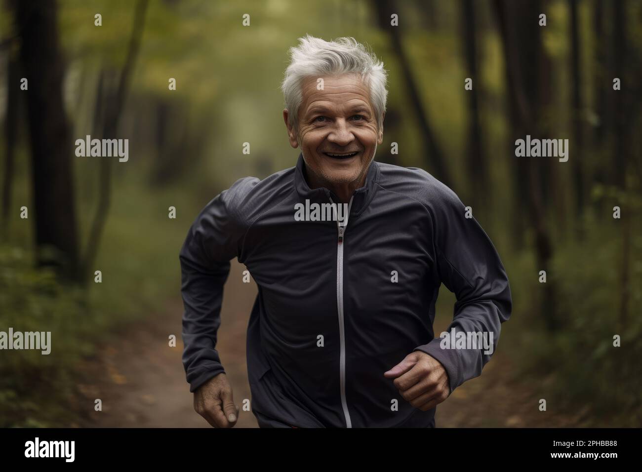 senior male with grey hair keeping fit by jogging in a park. Generative ai Stock Photo