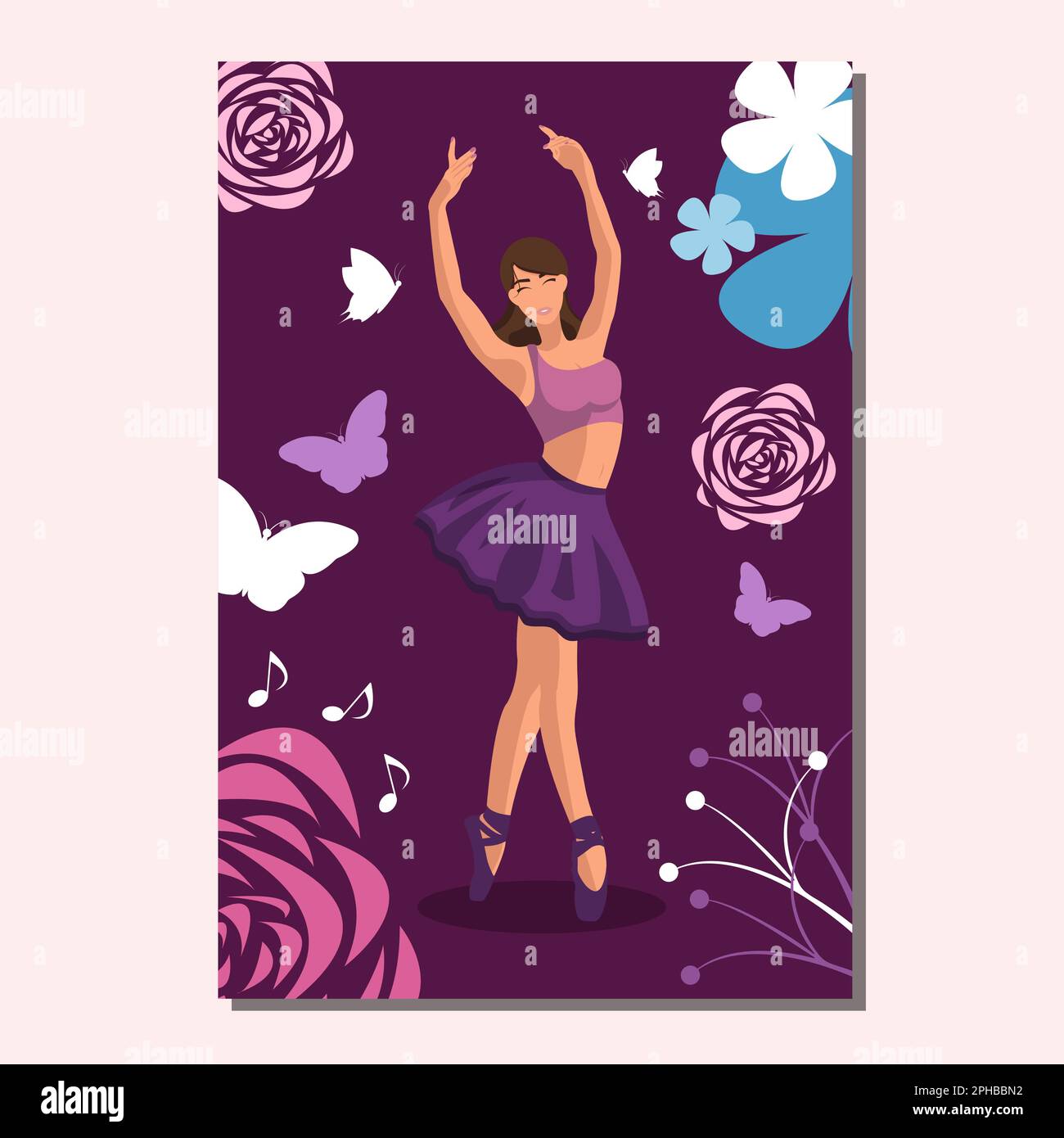 Caucasian white faceless ballerina in a purple tutu and pointe shoes dancing on a purple poster with flowers and butterflies. Vector illustration in flat style Stock Vector