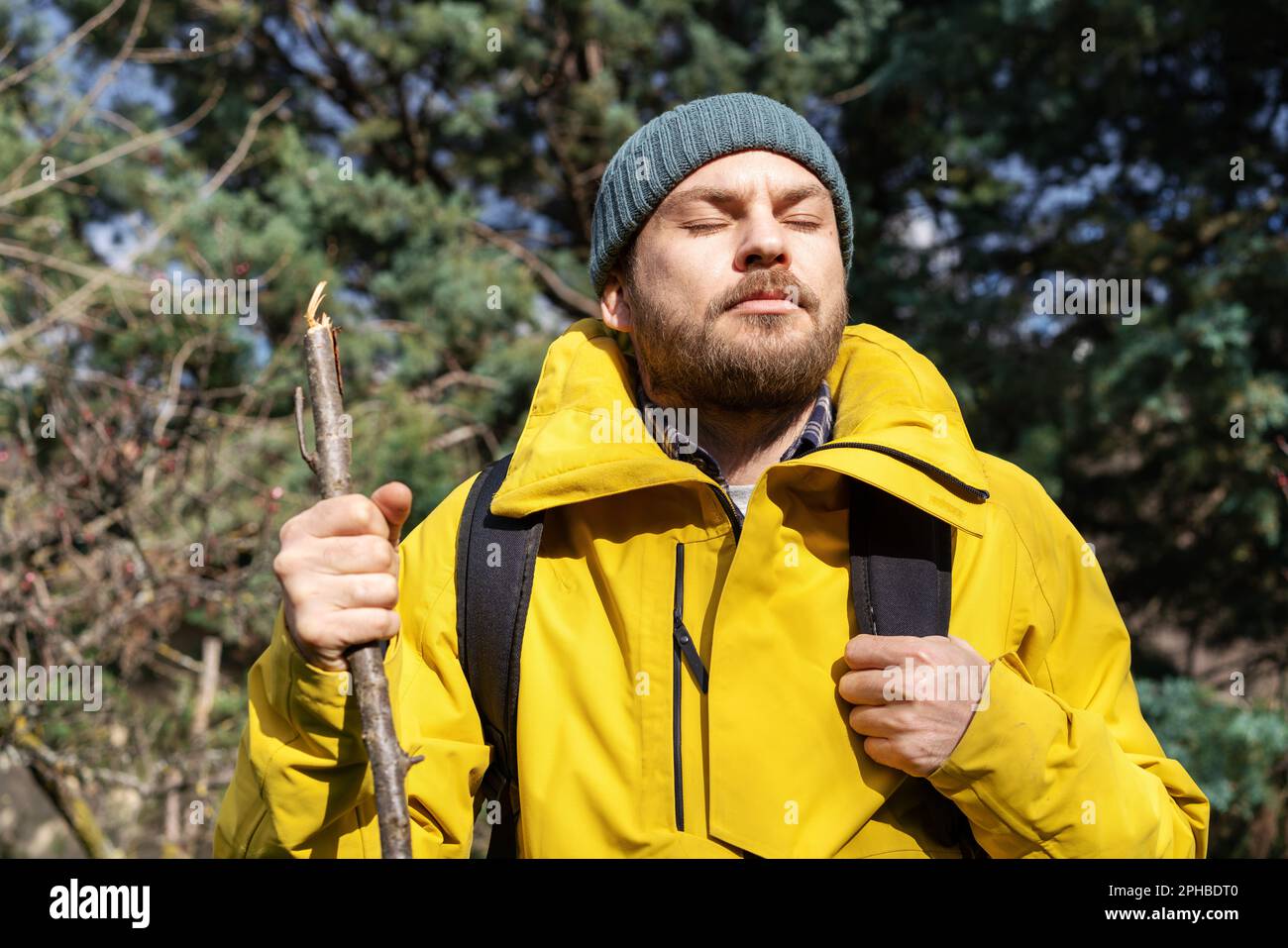 Well-being in nature outside the city, traveler walking in forest in springtime. Stock Photo