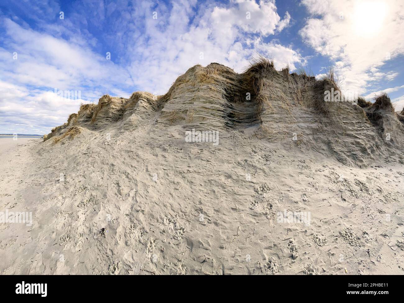 Panorama photograph showing the severe erosion to the west/sea facing side of the spit at East