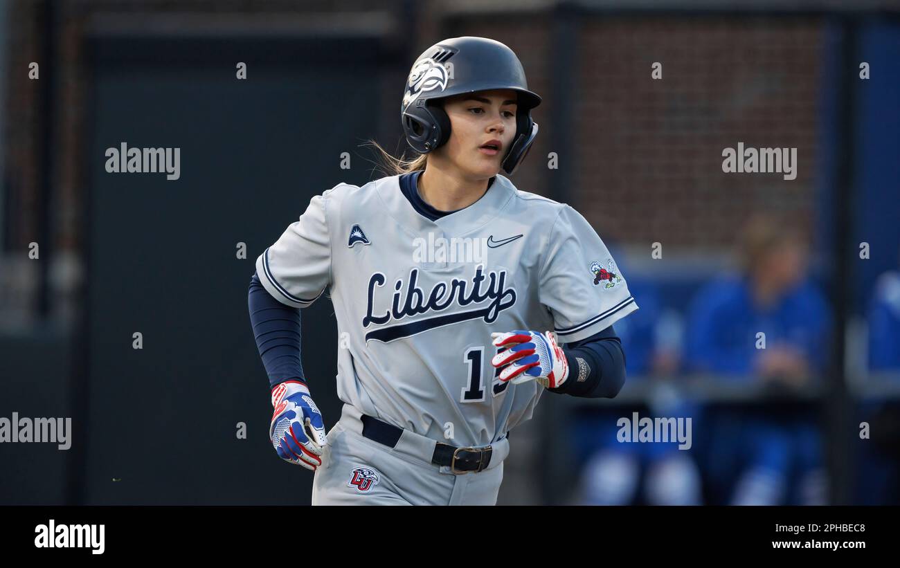 Liberty's Rachel Roupe (15) runs to first base during an NCAA softball ...