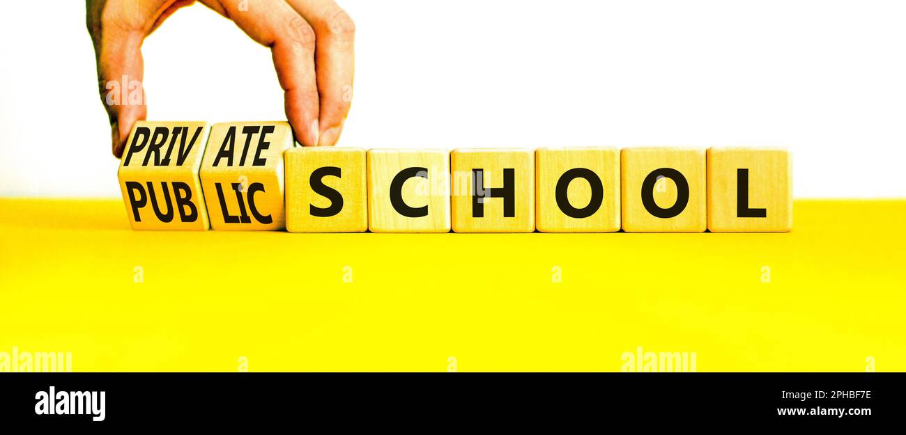 Public or private school symbol. Concept word Public school Private school on wooden cubes. Beautiful white background. Teacher hand. Business positiv Stock Photo
