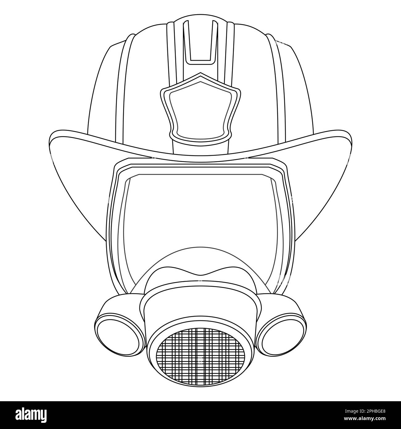 Firefighter Coloring page. Mask and Helmet. Head of a firefighter. Colorful illustration on a white background. Stock Photo