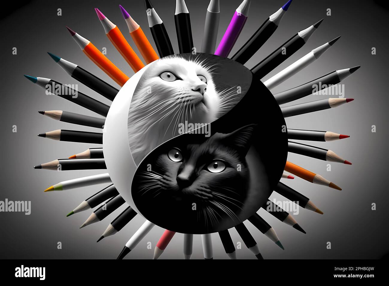 Black and White Cat YinYang with Colored Pencil Border (Generative AI