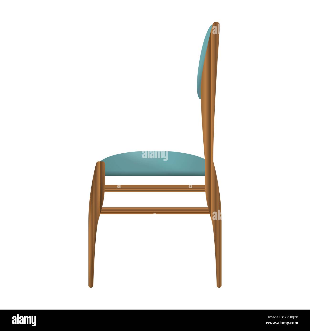 Dark wood chair side view in realistic style. Turquoise seat. Home